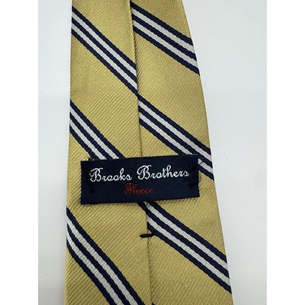 Brooks Brothers Fleece Tie Yellow Blue Stripe 100% Silk Classic Repp Necktie